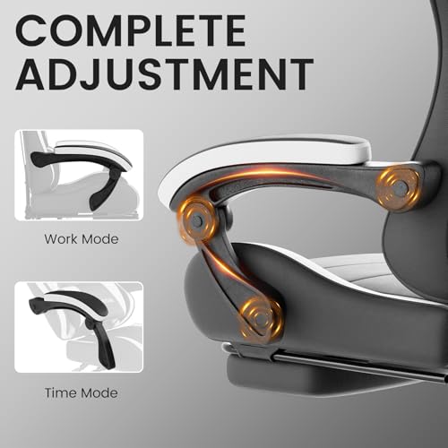 Image of Ergonomic Gaming & Office Chair, Footrest, Racing Design Black /White | PVC with headrest,lumbar, Adjustable Height recliner for adults 2D-Linkage Armrests for 300LBS