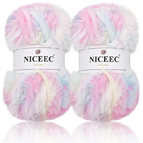 Image of NICEEC 2 Skeins Faux Fur Yarn Super Soft, Chunky & Fluffy, Eyelash Yarn for Crochet & Knitting (Total Length 70yds,3.53oz) - Unicorn