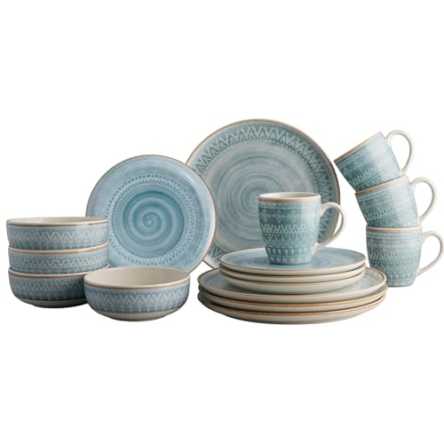 Corona Dinnerware Set 16– piece, Plates Bowls and Mugs Set, Ceramic Sets for 4, Microwave and Dishwasher Safe, Congo Etnic Design