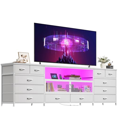Image of EnHomee 71 inch Long TV Stand for 85 /80 /75 inch TVs with LED,Power Strip,12 Drawers | White Entertainment Center with Open Wooden Shelf, Spacious Storage,Sturdy Metal Frame for Bedroom Living Room