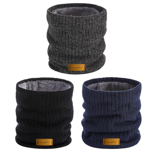Pibupibu Winter Neck Gaiter Set for Men, 3 Pack Fleece Warmer Windproof Face Neck Cover Cold Weather Scarf for Outdoor Sports (Wide-Striped, Black Drak Grey Navy)