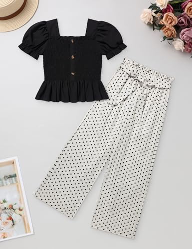 Image of Girls Clothes Solid Color Square Collar Stretch Top and Wide Leg Pants Clothes for Teen Girls 6-14Y