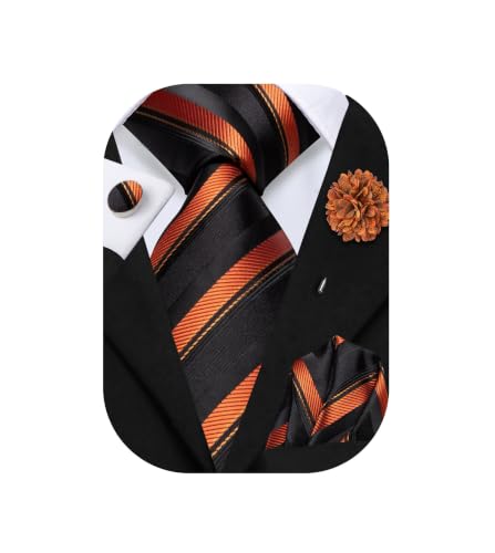 Image of Hi-Tie Men Silk Ties Set with Flower Lapel Pin Necktie Pocket Square Cufflinks for Tuxedo Wedding Business