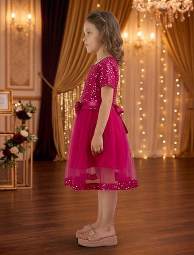 Image of Charming Girls' Kids Velvet & Net Frock with Knee-Length Short Sleeve A-line Round Neck Fit and Flare and Back Zipper Closure|Kids Dress for Baby Girls Birthday Outfit