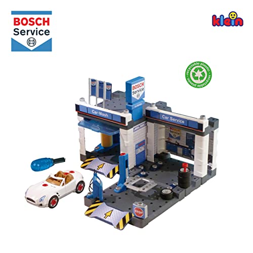Theo Klein 8647 Bosch Car Service Station | Mit Waschanlage und höhenverstellbarer Hebebühne | Inklusive demontierbarem Auto | Maße: 41 cm 39 cm 29 cm | Spielzeug für Kinder ab 3 Jahren