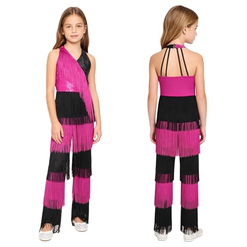 renvena Disfraz de baile retro para niñas y niños, mono de salón de baile, borlas fresadas, lentejuelas, retro, disfraz de discoteca, traje brillante, hip hop, rosa oscuro, 170