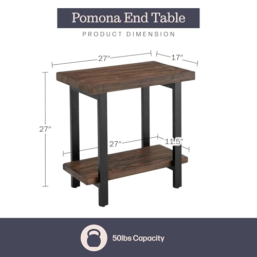 Image of Alaterre Furniture Pomona Solid Wood 2-Tier End Table, Rustic Brown, 27 inch | Side Table or Nightstand with Storage Shelf and Metal Legs, Industrial Farmhouse Chair Side Table for Living Room or Bedroom