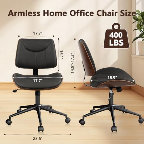 Image of CLATINA Office Chair Armless with Wheels, Mid-Century Modern Walnut Desk Chair, Adjustable Height Reading Chair, PU Leather Mid Back & Swivel Computer Chairs for Home Meeting Room Bedroom, Black(1 PK)