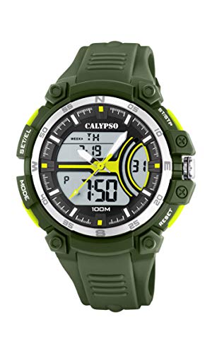 CALYPSO Reloj Digital Hombre Analógico de Caucho Verde - Cuarzo - Resistente al Agua 10 ATM Fecha y Calendario, Cronógrafo, Doble Horario, Luz, Alarma K5779/4 Special Prices