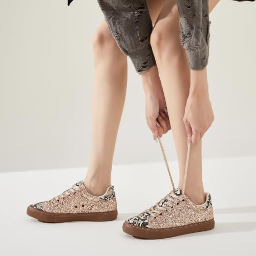 Image of AISFAES Glitter Sparkly Low Top Sequins Lace Up Tennis Shoes Comfort Bling Fashion Shiny Walking Shoes
