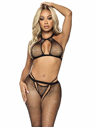 Ensemble lingerie 3 pièces Leg Avenue avec haut halter strass string et collants ouverts noir