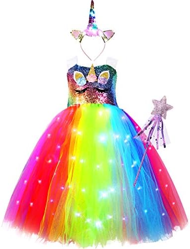 Geyoga Girls Unicorn Tutu Costumes Dress Light Up Unicorn LED Headband Princess Birthday Dress Up Clothes Girl Gift (Classic Style, 7-8 Years)