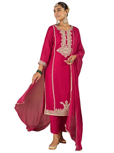 Image of INDO ERA Women's Silk Blend Kurta and Pant with Dupatta Set