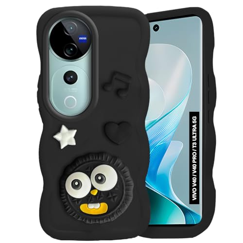 Image of AESTMO Back Case Cover for Vivo V40 / V40 Pro / T3 Ultra 5G | 3D Cute Fun Cartoon Characters | Anti Slip Grip Cute Wave Curly Frame Shape | Full Body Protection Back Cover (Black)