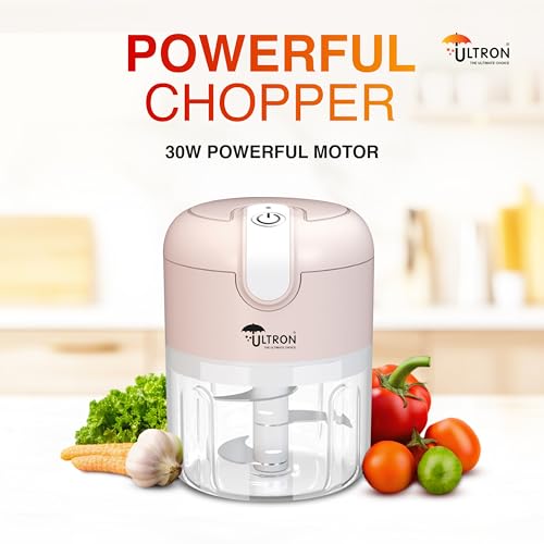 Image of ULTRON Electric Chopper | 30W Powerful Motor | 250ml Mini Vegetable Chopper | Stainless Steel Blades | One-Touch Operation | BPA-Free Container | USB Rechargeable | Portable Kitchen Chopper (Rose)