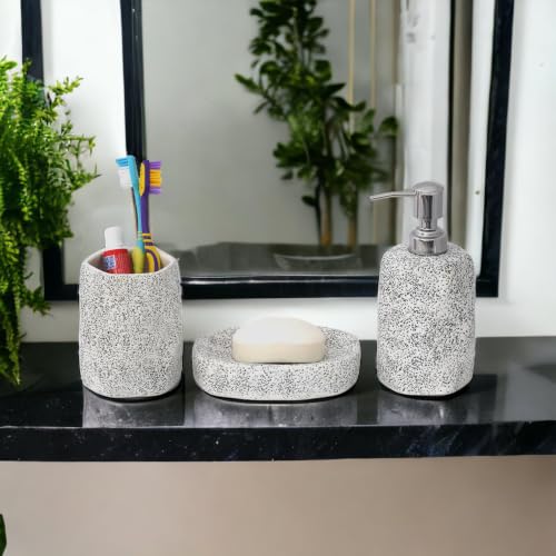 Image of Premium Ceramic Bathroom Accessories Set of 3 | Modern Luxury Bath Set with 300ml Soap Dispenser, Toothbrush Holder & Soap Dish | Bathroom Decor Items | White & Black Dotted Pattern