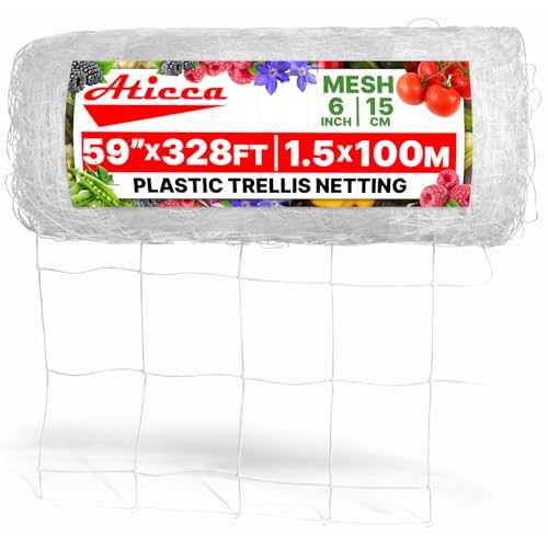 ATICCA Plastic Trellis Netting 59 x 328 ft Heavy Duty Plant Support Netting White - 6 Inch Garden Trellis on Roll - Mesh for Growing Vine Climbing Plants Flowers Peas and Cucumber