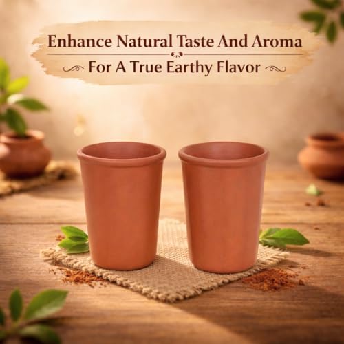 Image of KSI Handcrafted Earthen Clay Kulhad Tea Cup Set of 2 | 225 ml Mitti Chai Cup Mug | Unglazed Terracotta Tea Glass for Chai Coffee Milk | Traditional Kullar Style Drinkware