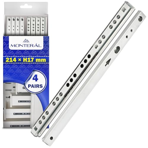 4 Pares Guias Correderas para Cajones con Rodamiento de Bolas 214 mm x H 17 mm - Rieles para Cajones Telescópicas Tienen una Extensión Parcial de 134 mm - Garantía de 10 Años - MONTERAL