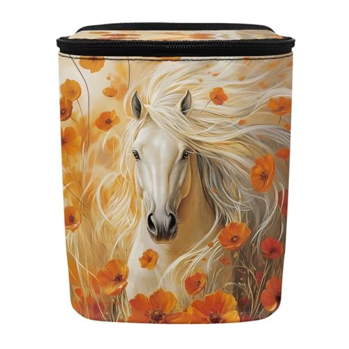 Image of Talayituse Horse Floral Print Car Trash Can with Lid, Leak Proof Auto Trash Bag Hanging Vehicle Garbage Can Multipurpose Storage Container for Back Seat Road Trip