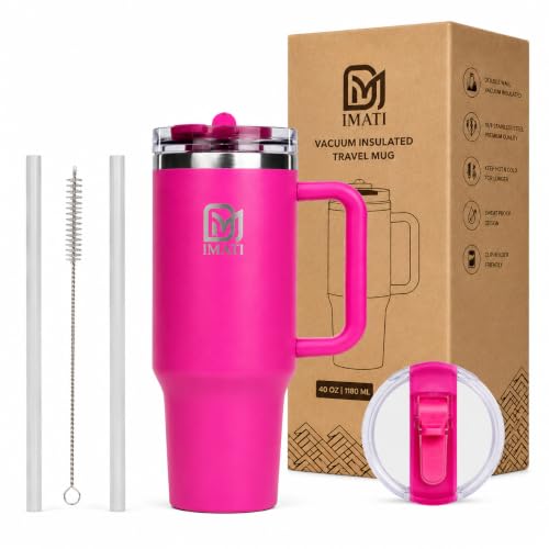 Image of IMATI 40oz Stainless Steel Insulated Tumbler with Side Handle & 2 Straws 2 Leakproof Lid Included - Double Wall Travel Mug for Warm & Cold Drinks Water Bottle for Gym Office Travel(Pink)