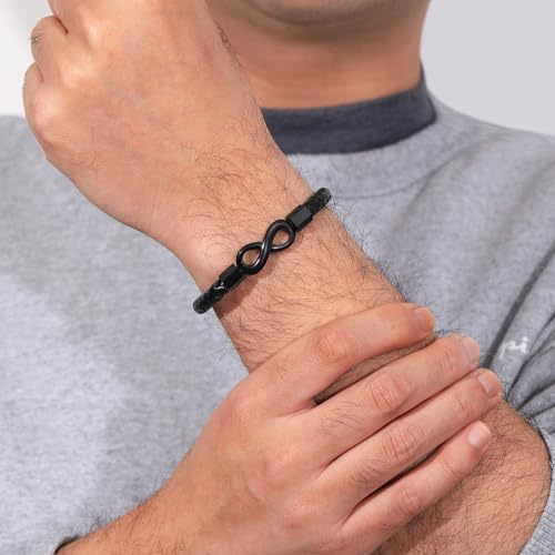 Image of Leather Bracelet Gifts for Men, To My Son Bracelet Fathers Day Bracelet Gifts Dad Grandpa Love You Forever Engraved Birthday Valentines Graduation Gift Infinity Knot Jewelry