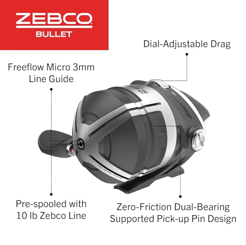 Zebco Bullet Spincast Fishing Reel, Durable All-Metal Construction, Solid-Brass Pinion Gear, Pre-Spooled with 10-Pound Zebco Fishing Line, Black