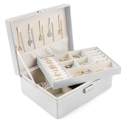 Homeanda Jewellery Box with Lock, 2-Layer Leather Jewellery Organizer boxes for Women Girls Teens, Large Jewellery Storage Box for Necklaces, Bracelets, Rings, Earrings -White