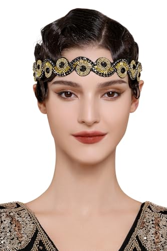 BABEYOND Flapper-huvudbonad för kvinnor – rytande 20-tal pannband 1920-talet Gatsby huvudbonad vintage tillbehör för kvinnor svart guld