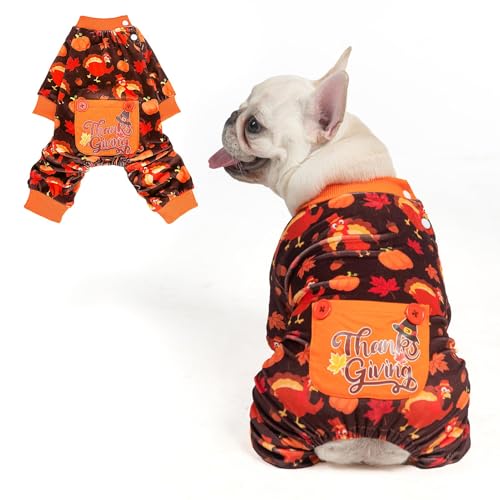 Image of BEAUTYZOO Dog Thanksgiving Pajamas, Soft Puppy Sweater for Small Dogs | Velvet Jumpsuit for Girl Boy Puppies, Breathable Pet Pjs, Warm Jammies Onesies in Cold Weather, Pumpkin Turkey, Orange S