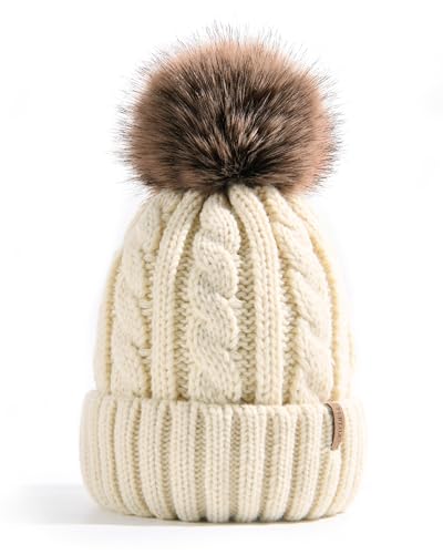 FURTALK Winter Beanie Mütze Damen Bommelmütze Gefüttert Kunstpelz Pom...