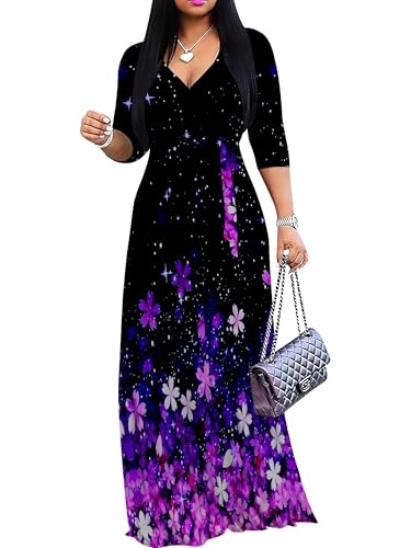 Image of PinkPatty Plus Size Maxi Dresses for Women Casual Flowy Long Dress 3 /4 Sleeve V Neck Wrap Dress with Belt