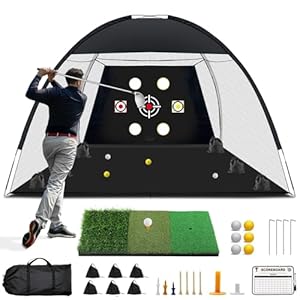 Golf Net, 10×7 Ft Practice Hitting Golf Net with Tri-Turf Mat, Ball, Tee, and Carring Bag, All-in-One Multi-Target Training Aid for Outdoor/Indoor Chipping & Driving, Ideal Gift for Men/Enthusiasts