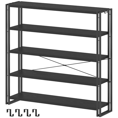 HCHQHS Bookshelf, 5-Tier Industrial Bookcase, Black Open Book Shelf, Freestanding Tall Bookshelves with Metal Frame