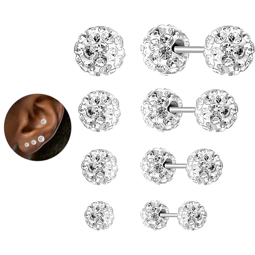 Crystal Ball Screw Back Earrings Stud 4 Pair Silver Disco Ball Earrings for Women Double Sided Earrings for Cartilage Tragus Helix conch Piercing Jewelry Party Prom Gift Sparkle Ball 3/4/5/6mm