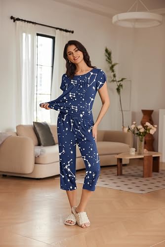 Image of Ekouaer Women's Capri Pajama Set Short Sleeve Mumu Pjs Pleated Top Capri Pants with Pockets Sleepwear Lounge Set