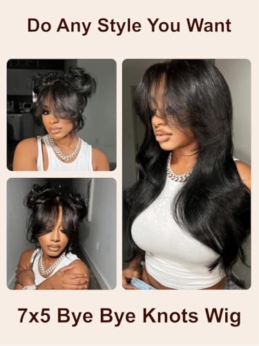 Image of UNICE Loose Wave 7x5 Lace Front Wigs Human Hair with Curtain Bangs Bye Bye Knots Glueless Human Hair Wig Pre Plucked Pre Cut Bleached Knots Put on and Go Wig for Women 180% Density 18 Inch
