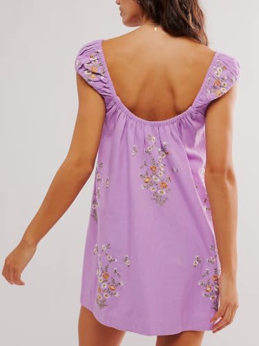 Image of Women Embroidered Cotton Linen Dress Crew Neck Sleeveless Casual Summer Dresses for Beach Vacation