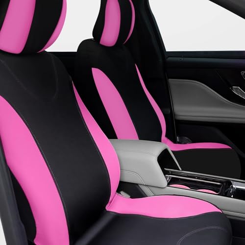 Estune 46 Pcs Car Seat Cover Full Set for Women Pink Wheel Cover Seat Belt Shoulder Pads Cup Holders Bling Start Button Ring Sticker Air Vent Clip Car Vent Outlet Trim with Scraper, Pink