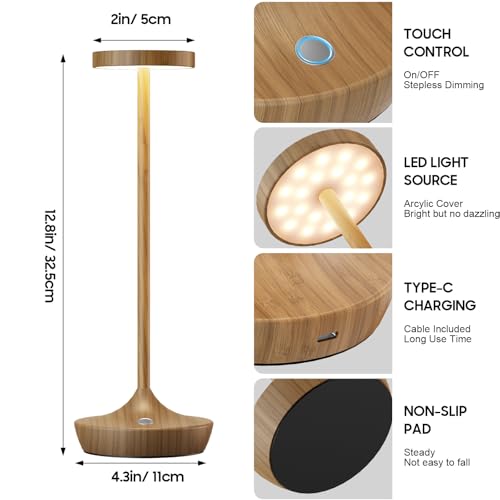 Image of Cordless Table Lamps Rechargeable，LED Portable Wireless Lamp, 6000mAh Battery Operated Touch Control, 3 Color Temperature Stepless Dimmable Night Light for Restaurants Outdoor (Light Woodgrain2)