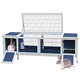 Kaninchenstall Innen Außen Kaninchenkäfig Upgrade Großer Raum für Kaninchen, Meerschweinchen, Hasen und andere kleine Tiere Blau