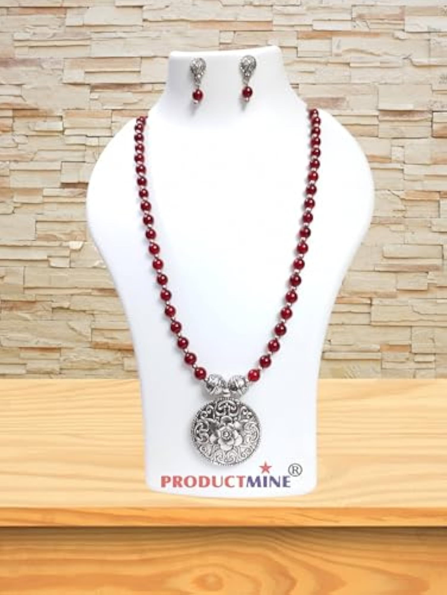 Women's Ethnic Big Pendant Artificial Oxidized Necklace Set, Maroon