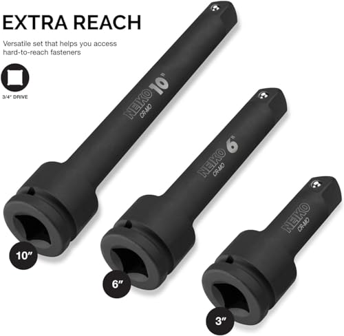 Image of NEIKO 00236A 3 /4-Inch-Drive Impact Extension-Bar Set, Made with CrV Steel, 4-Inch, 6-Inch, and 10-Inch Sizes, 3-Piece Set