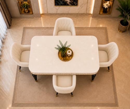 Image of 4 Seater Dining Table Set with Nano Composite Marble Top, Solid Wood Base & 4 Upholstered Chairs, Modern Dining Table Set for Home & Dining Room Furniture (Cream, White Marble Top, 4 Seater)
