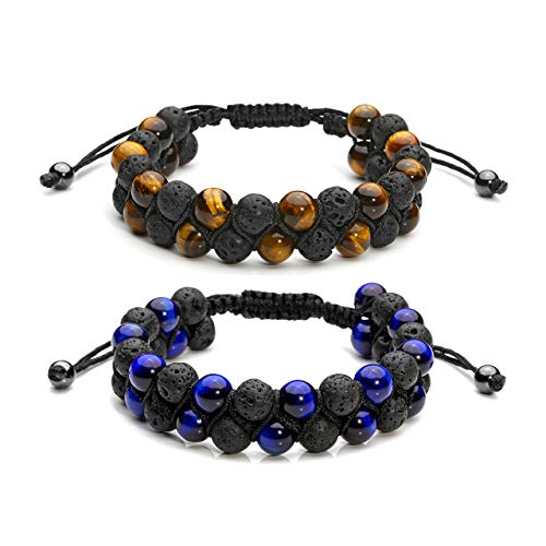 Top Plaza 2 Pcs Men Women 8mm Lava Rock Stone Aromatherapy Essential Oil Diffuser Bracelet Braided Rope Natural Stone Yoga Beads Bracelets - Tiger Eye