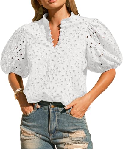 Womens Eyelet Summer Tops Lantern Short Sleeve Button V Neck Dressy Casual Blouses Hollow Out Embroidered Lace Shirts