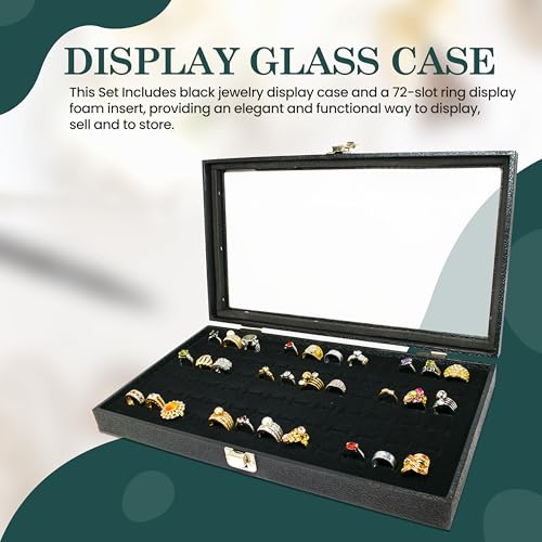 Novel Box Ring Display Glass Case Black 14.75x8.25x2.1 Inches with 72-Slot Black Ring Foam Insert - Travel Ring Case with Metal Clasp - Jewelry Box to Keep Rings Dust Free & Secure
