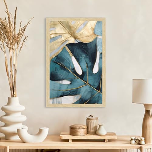 Image of ArtX Paper Abstract Leaf Paintings For Wall Decoration, Home Decor Wall Art, Hotel Wall Painting for Living Room, Multicolor, Natural Wood Color Frames, 12x18 inch, Set of 3