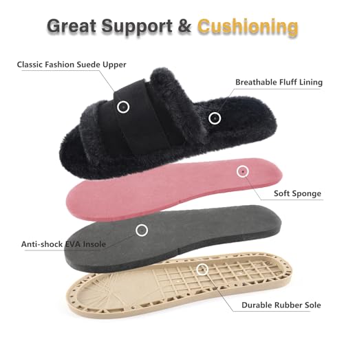 Image of Fur Story Women's Furry Slippers Open Toe Fuzzy Slippers Memory Foam Fluffy House Sandal