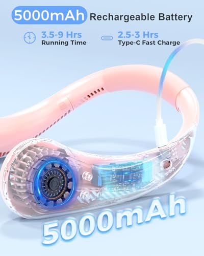Portable Bladeless Neck Fan, 5000mAh Rechargeable Battery, 3 Speeds, Workout Essential, 360°Airflow, Twistable, Personal Wearable Neck Fan for Sports Outdoor Indoor, Gifts for Man Woman Family